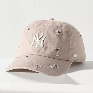 Anthropology Beige NY Yankees Cap with Cocktail Embroidery